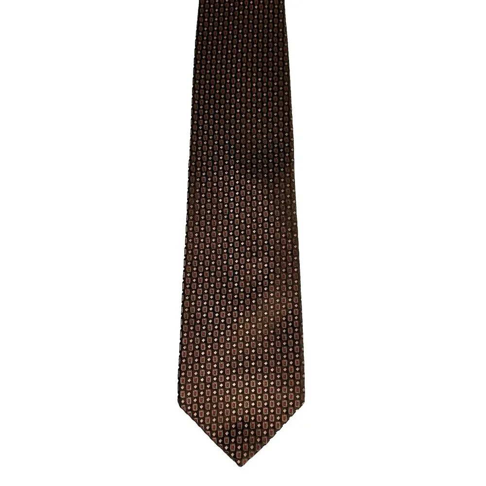 XMI COUTURE Men's Silk Tie Dark Brown Green Red Peach Geometric Texture 59